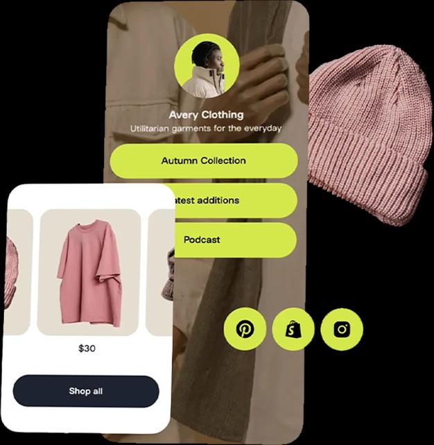 Exemplo de perfil de moda com coleção, produtos e redes sociais